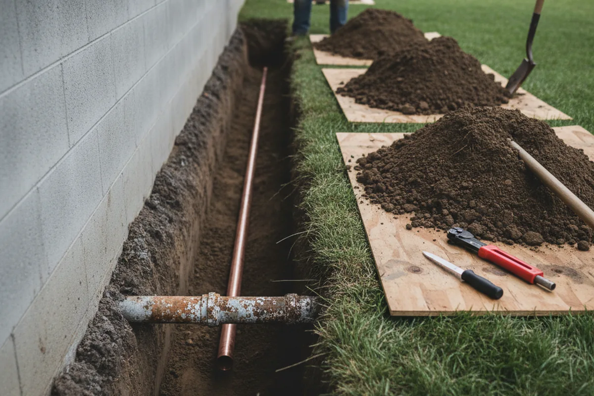 Excavated water line trench during Sewer Line Repair in Hartsfield
